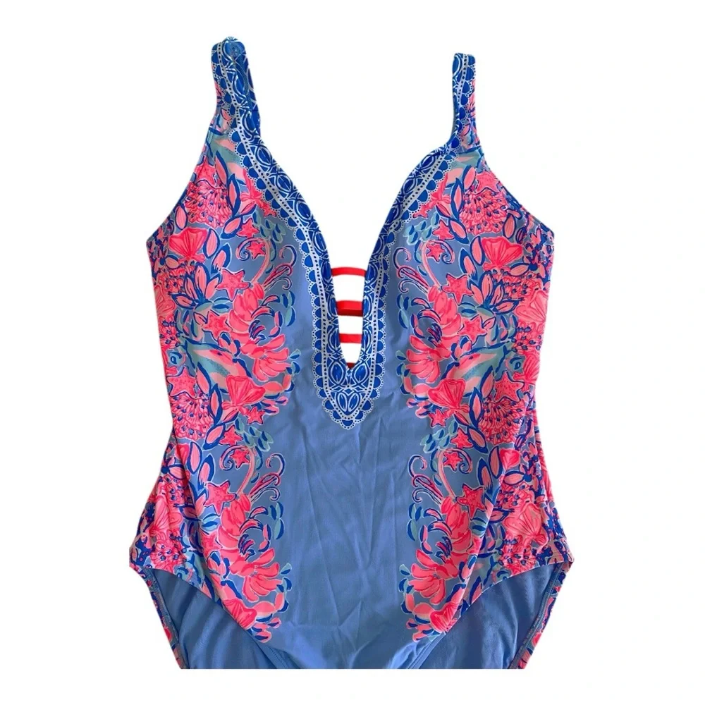 Lilly Pulitzer Jaspen Swimsuit Shrimply the Best Sz 14 Blue Peri Bathing Suit - Picture 5 of 8